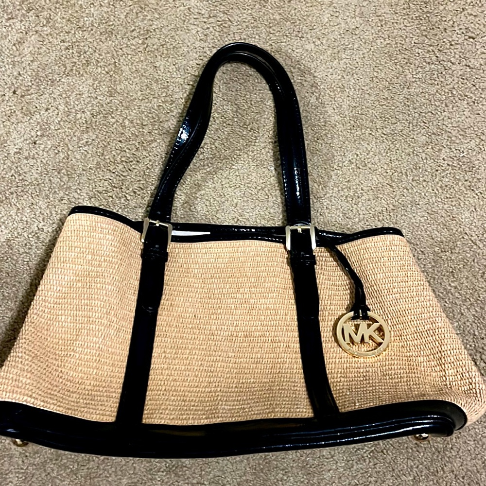 Michael Kors Black and Straw Woven Tote Bag with Gold Tone Hardware & wallet